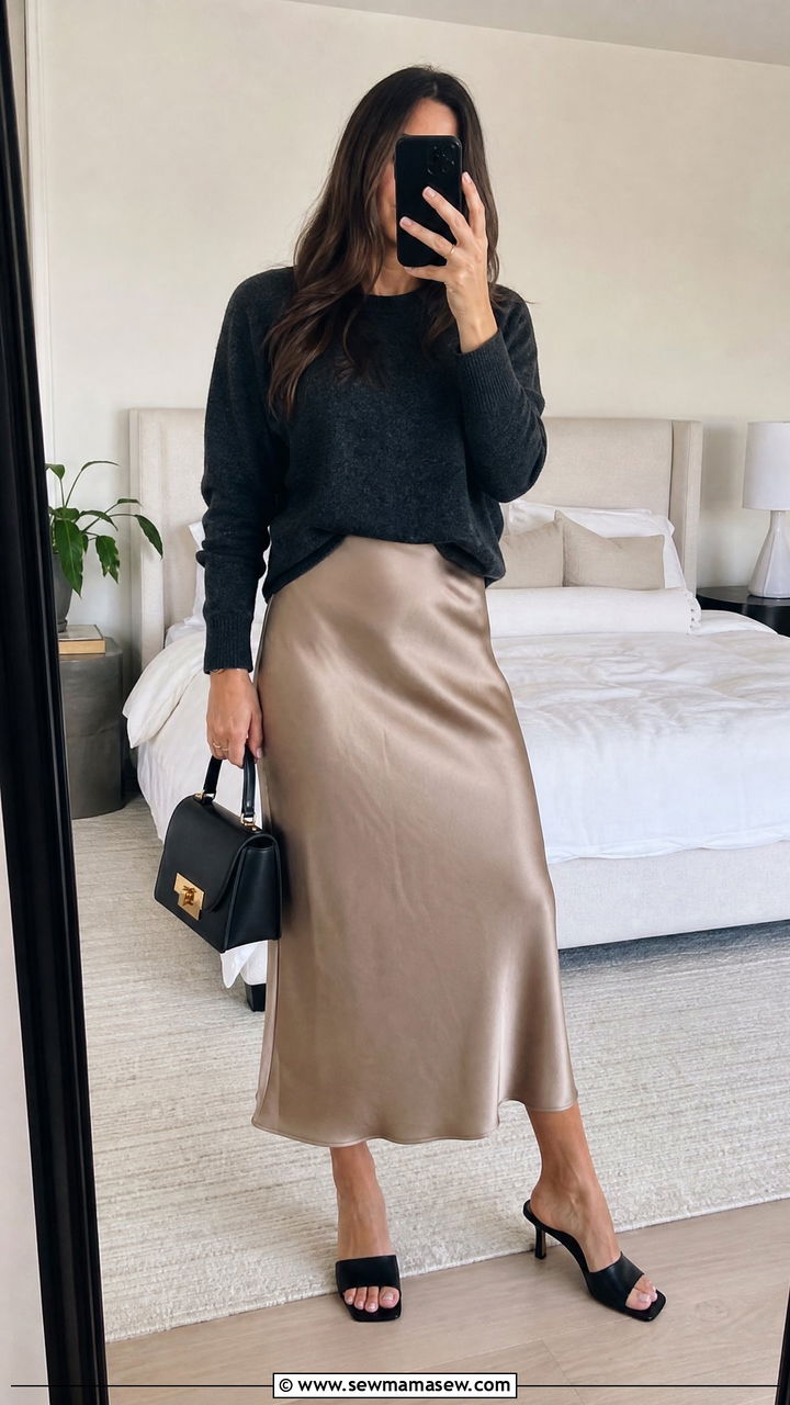 Charcoal Sweater With Satin Slip Skirt And Heeled Mules - 30 classy trendy outfits