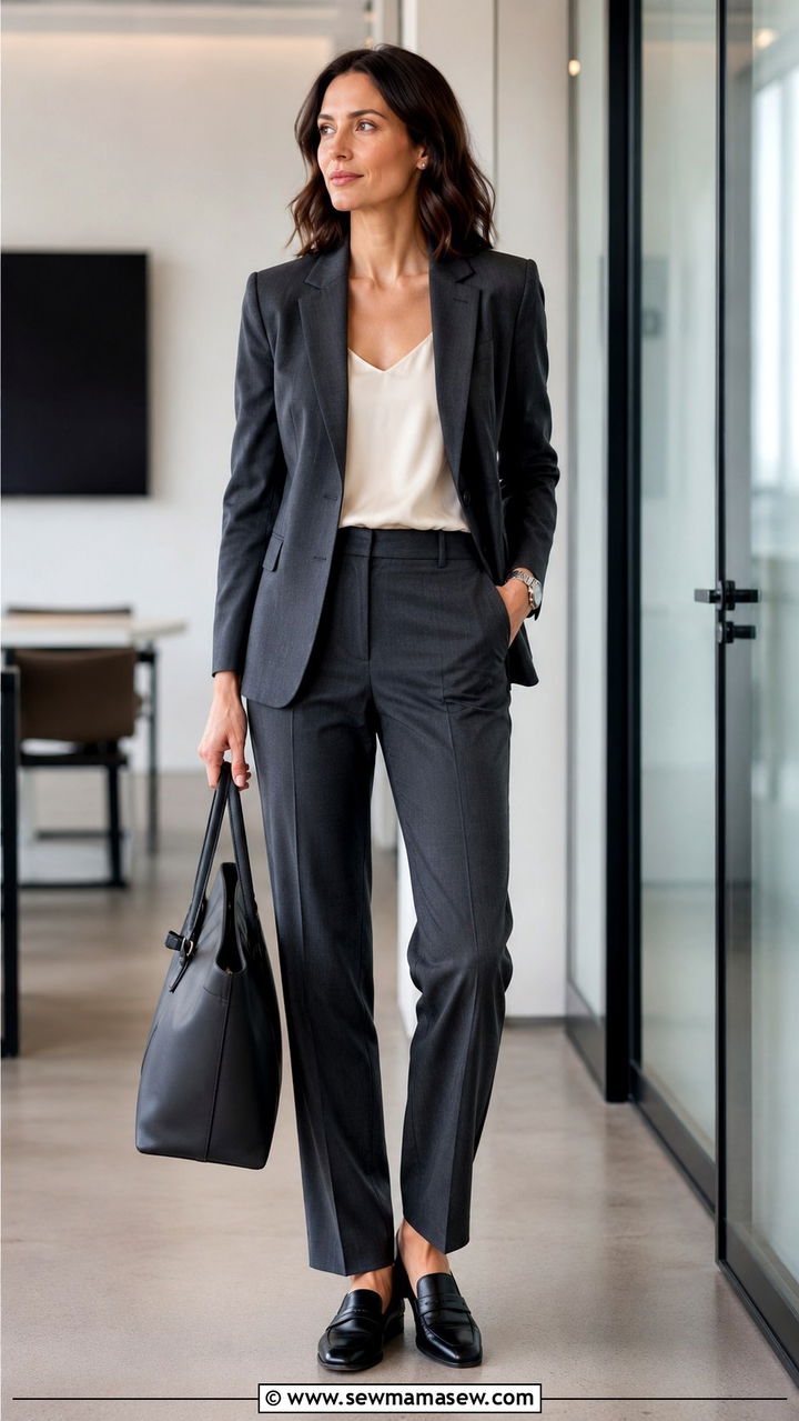 Charcoal Tailored Suit with Cream Silk Shell - 30 quiet luxury outfits aesthetic