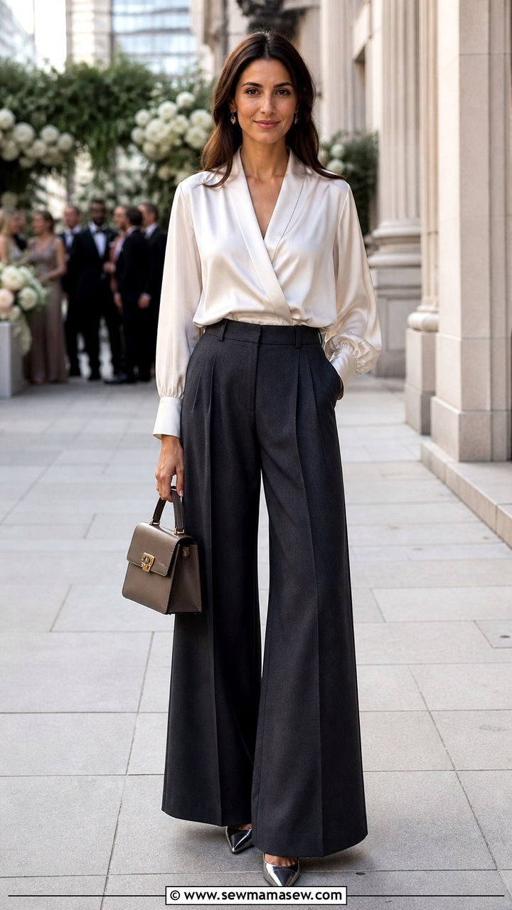 Charcoal Tailored Trousers Silk Blouse - 40 Elegant wedding guest outfits