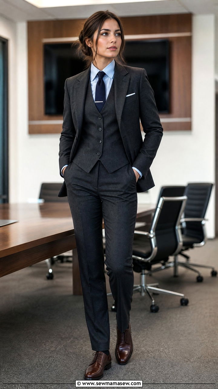 Charcoal Three Piece Suit And French Blue Shirt Outfit - 25 Salesperson outfit ideas