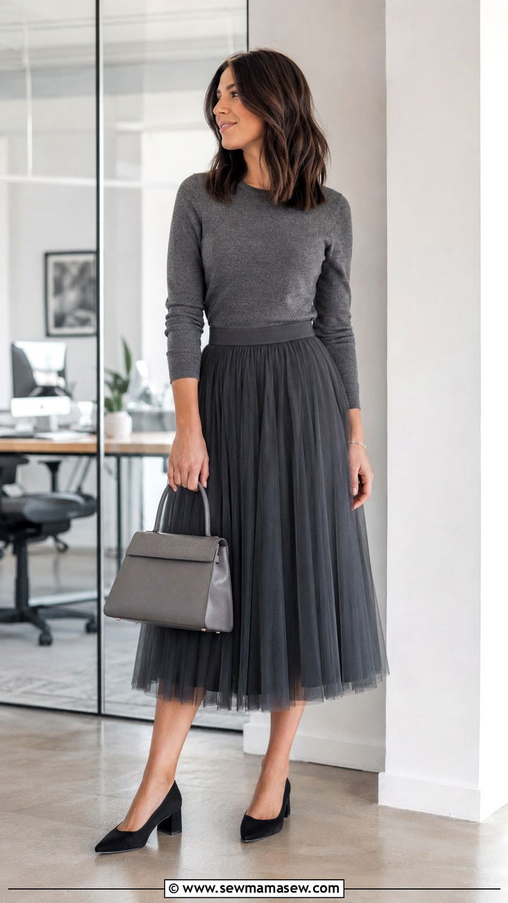 Charcoal Tulle Skirt With Fitted Knit Sweater And Block Heels - 25 Tulle skirt outfit ideas for work