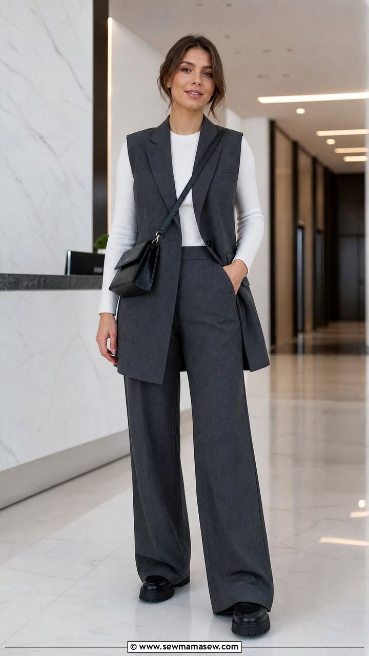 Charcoal Vest Suit With a Fitted Knit Top - 35 Minimalist work outfits