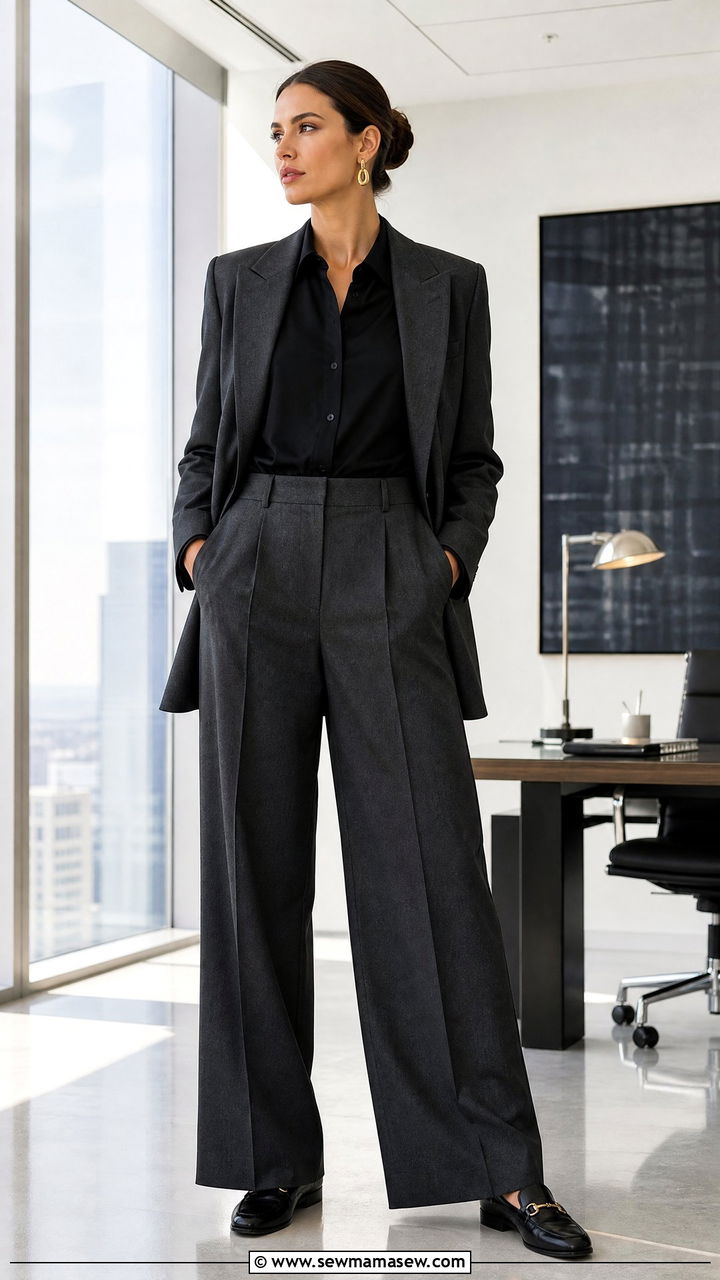 Charcoal Wide Leg Pantsuit with Black Shirt Outfit - 30 Old money outfit ideas for work