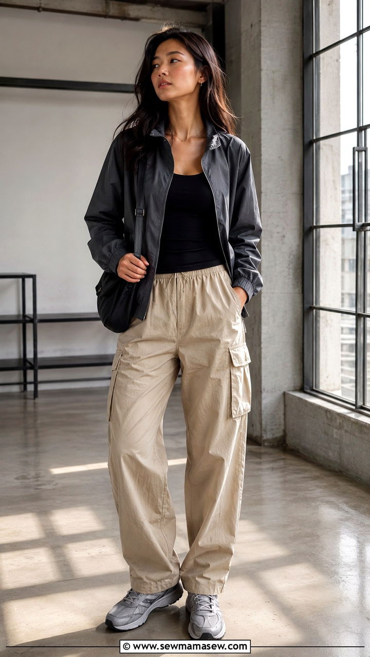 Charcoal Windbreaker With Beige Cargo Pants - 25 windbreaker outfits 2026