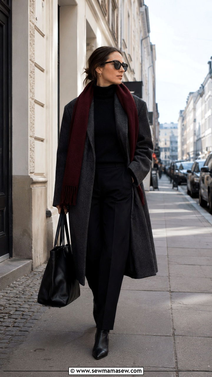Charcoal Wool Coat And Burgundy Scarf - 30 Scandi minimalist outfit ideas