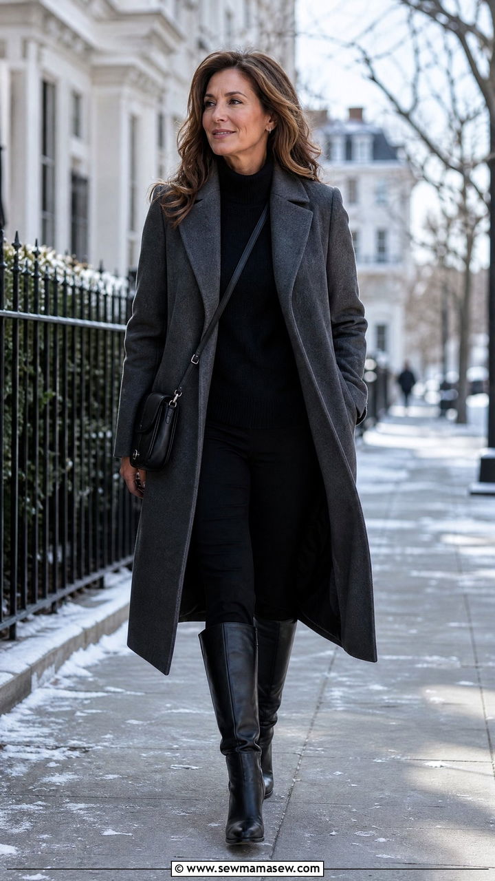 Charcoal Wool Coat With All Black Base Women Over 40 - 35 Minimalist outfits for women over 40