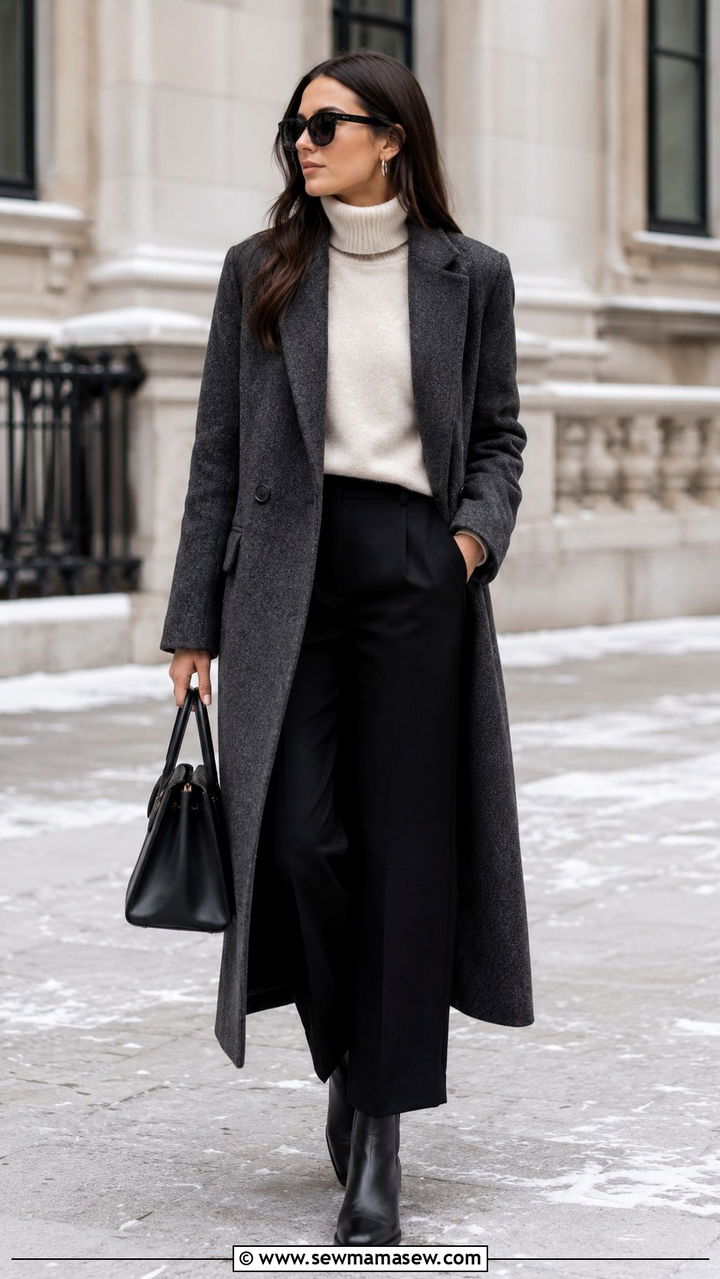 Charcoal Wool Coat With Cream Cashmere Turtleneck - 30 Quiet luxury outfit ideas 2026