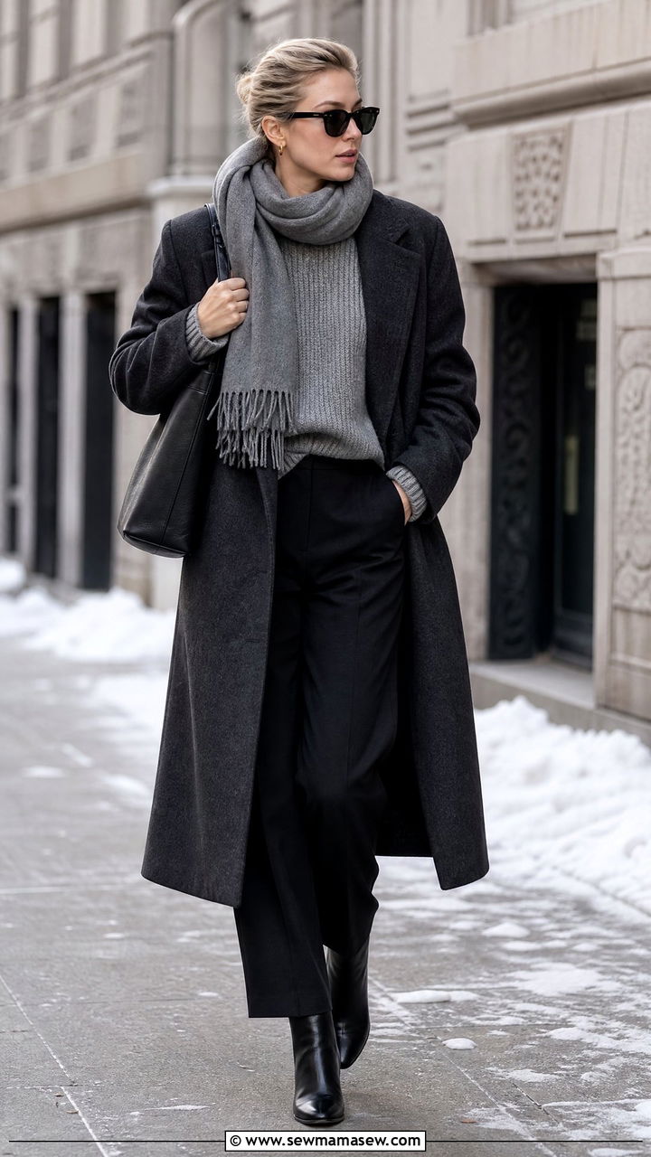 Charcoal Wool Coat With Grey Knit and Black Trousers - 35 Minimalist work outfits