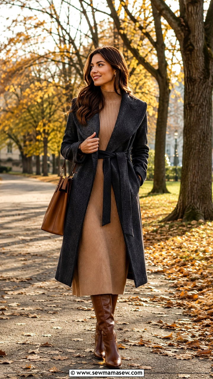 Charcoal Wool Coat and Camel Knit Midi Dress Outfit - 30 Quiet luxury wardrobe essentials