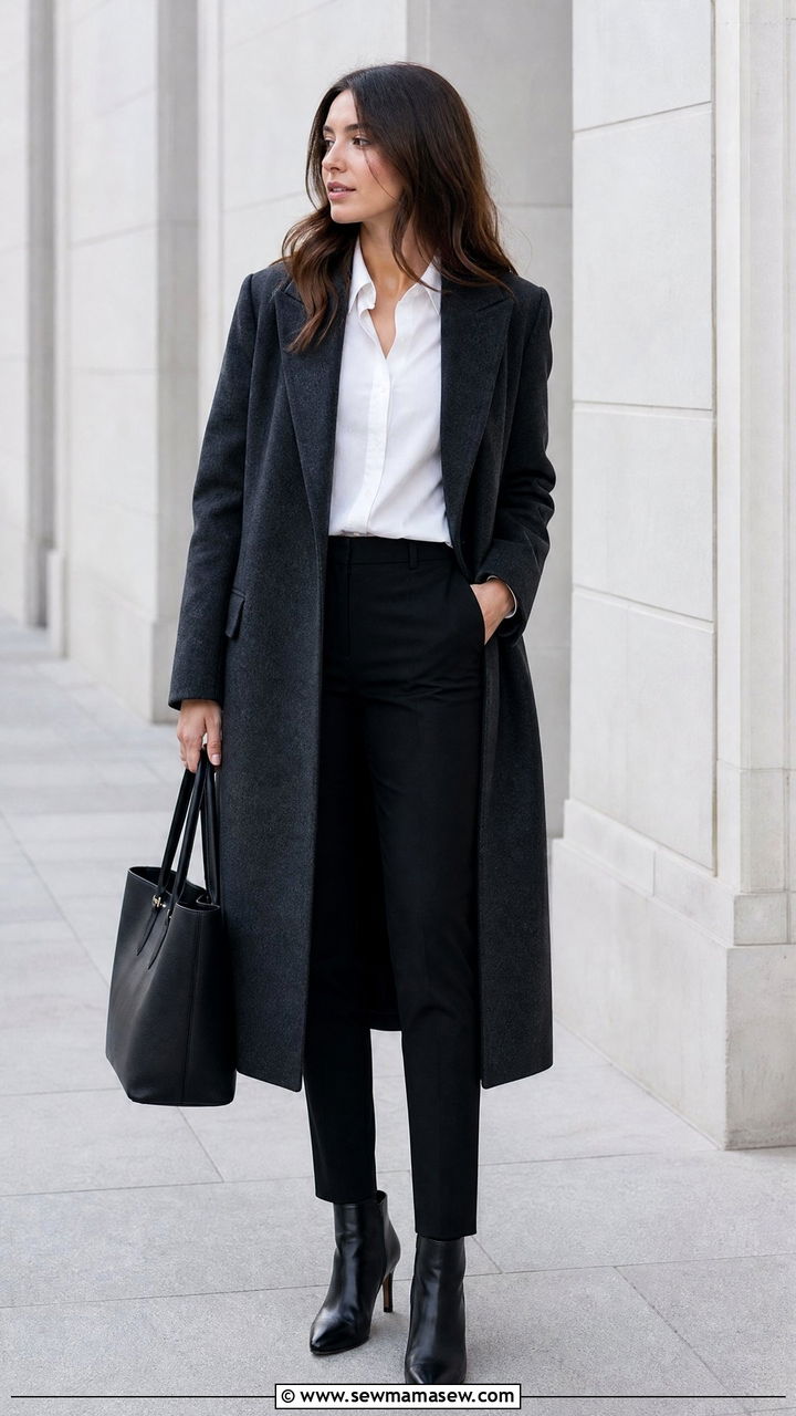 Charcoal Wool Coat and White Button Down Work Outfit - 35 Minimalist work outfit ideas
