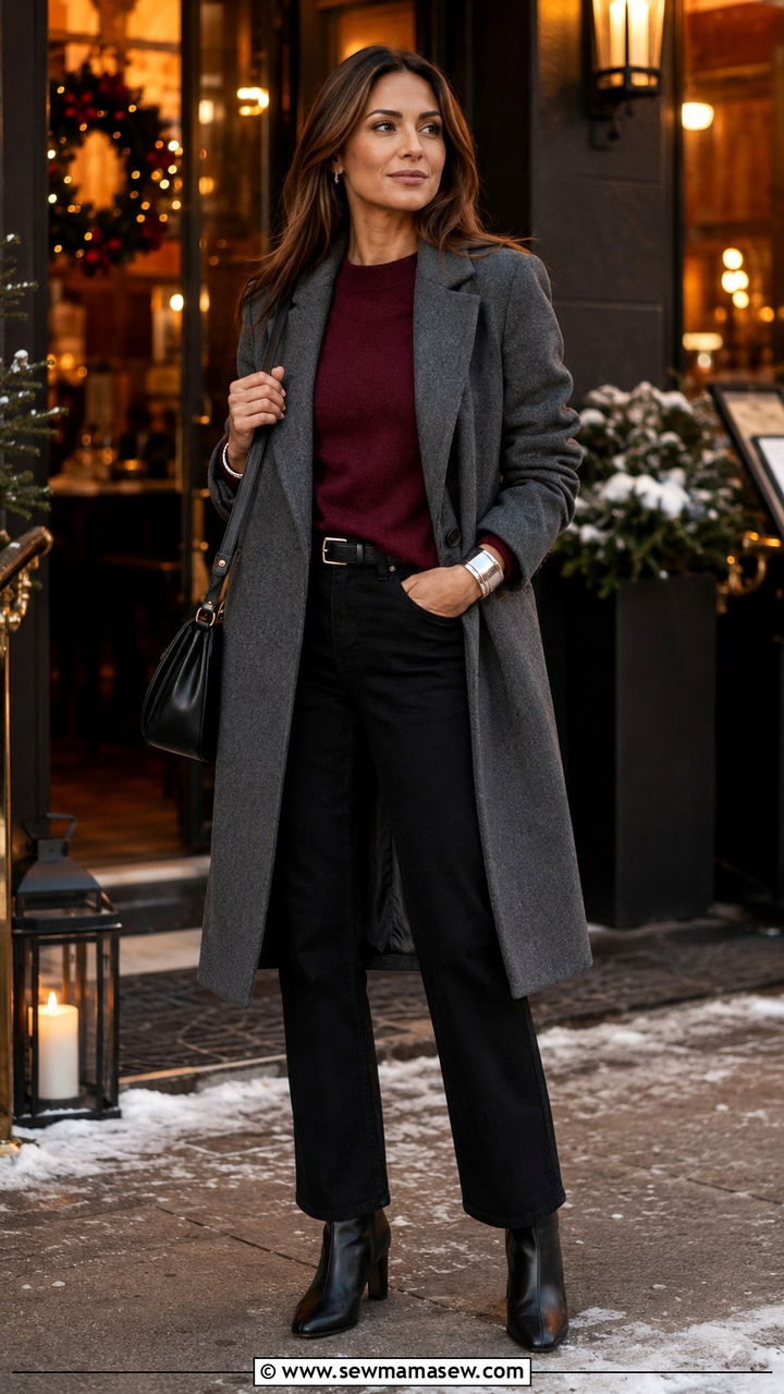 Charcoal Wool Coat with Burgundy Sweater and Black Denim - 30 classy scandinavian outfit ideas