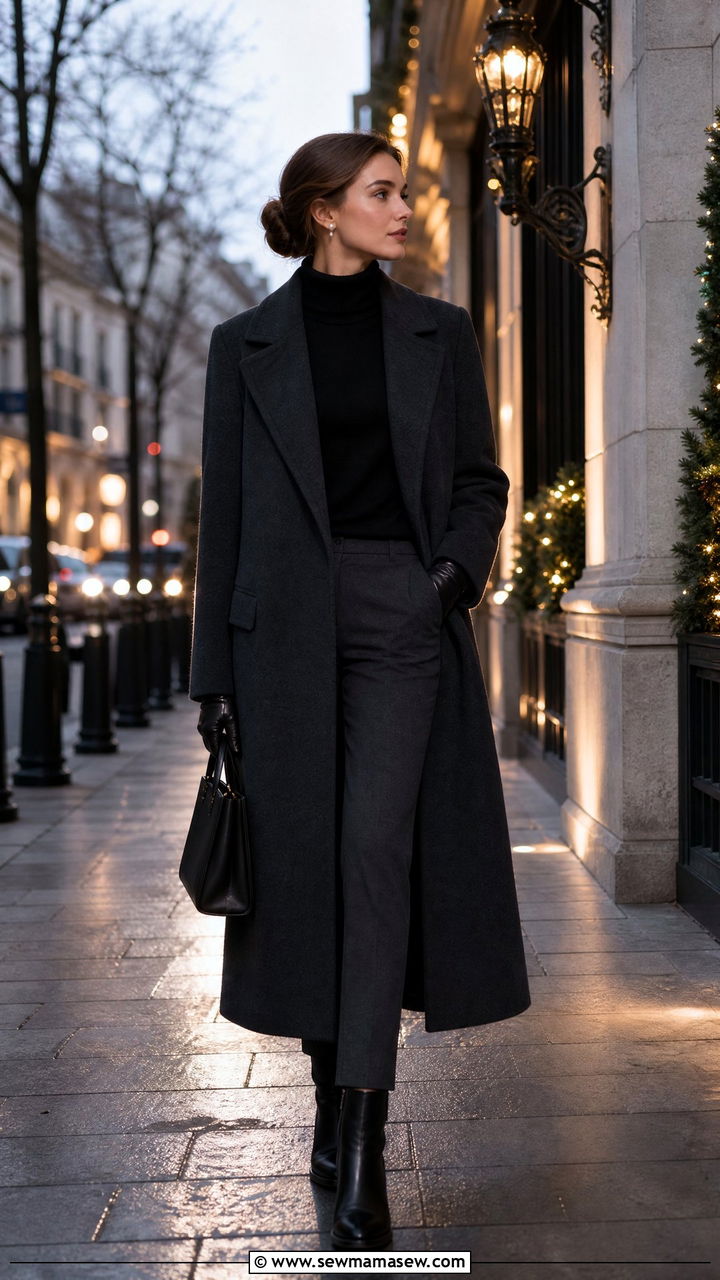 Charcoal Wool Coat with Cashmere Turtleneck and Leather Gloves - 30 old money outfits inspo