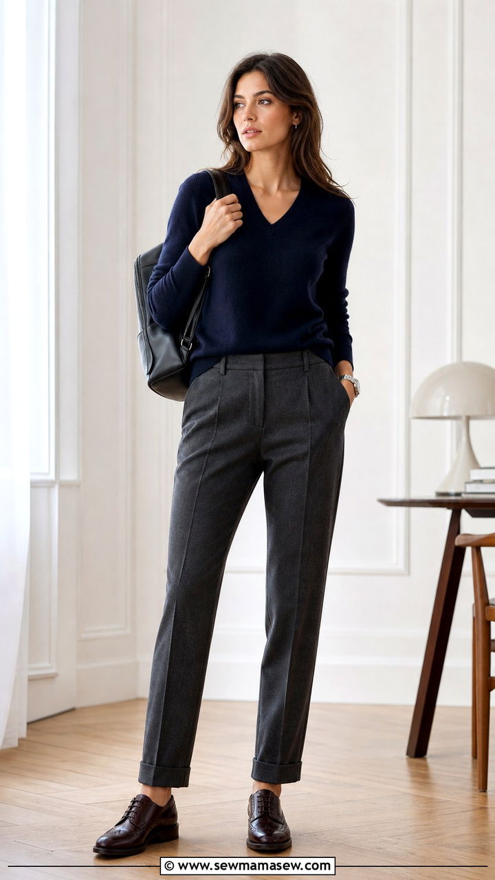 Charcoal Wool Trousers With Navy Sweater Oxfords - 40 work outfits