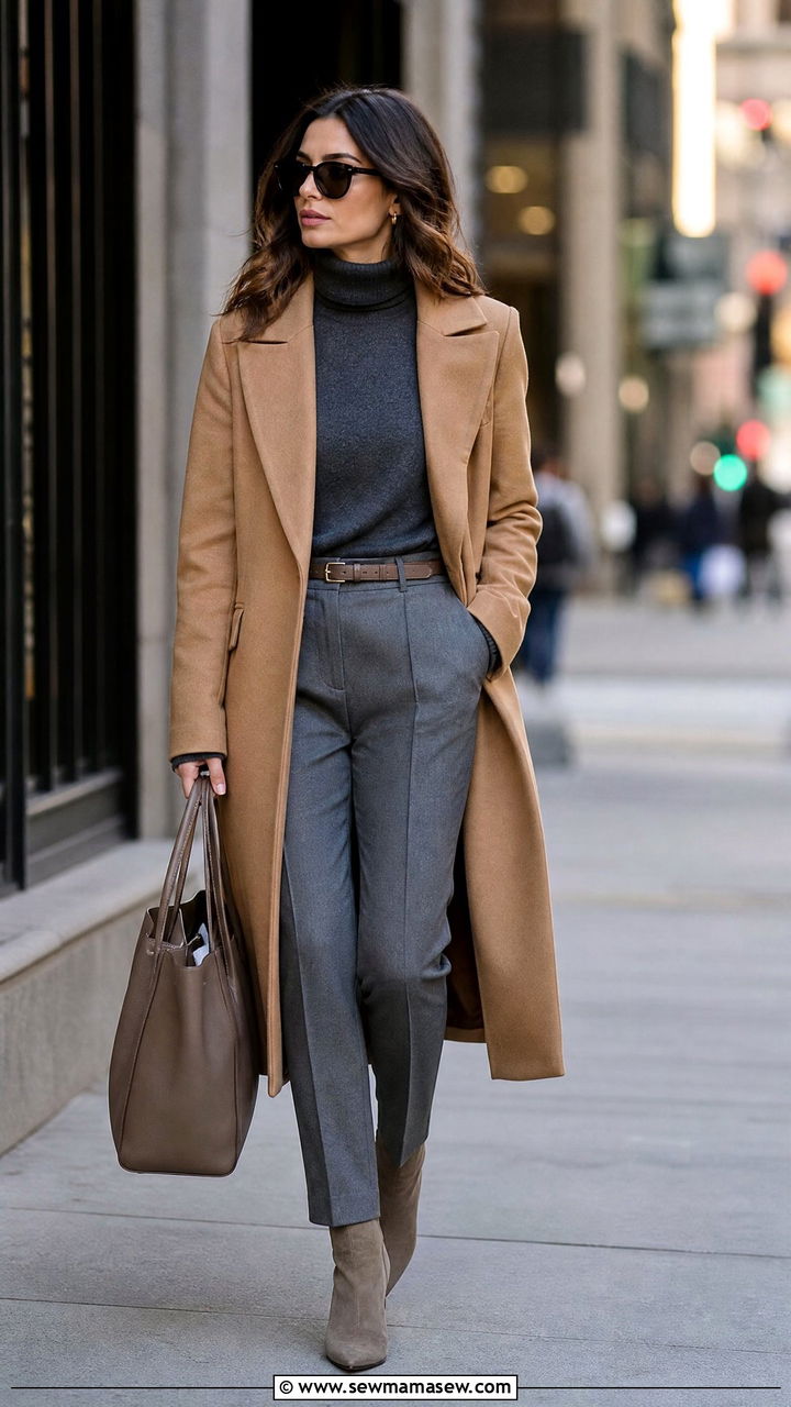 Charcoal gray knit with camel coat - 30 Muted color outfit ideas