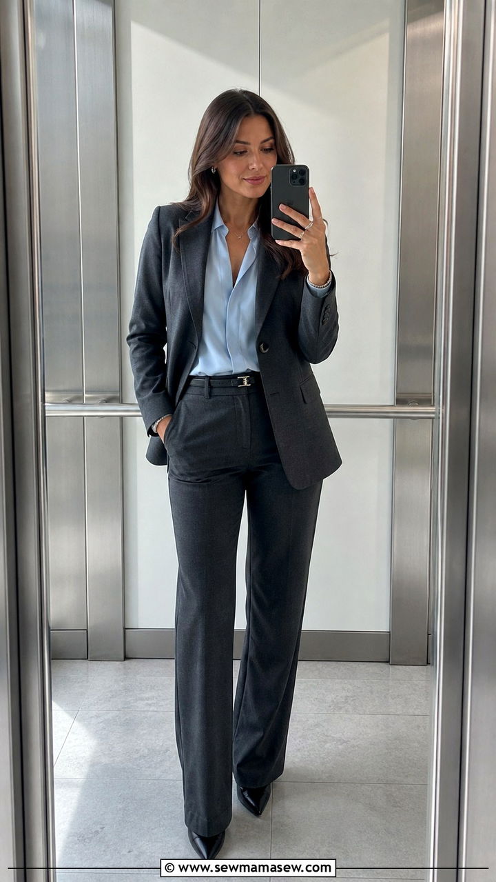 Charcoal gray suit with powder blue blouse and silver accessories outfit - 40 New job outfit ideas