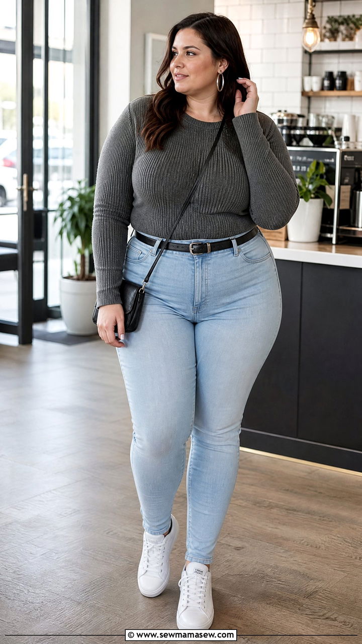 Charcoal gray sweater with light wash skinny jeans - 30 Clean girl outfit ideas plus size