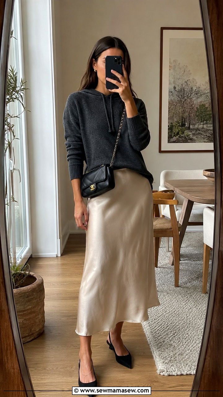 Charcoal grey cashmere hoodie and silk midi skirt outfit - 25 Quiet luxury minimalist outfit ideas