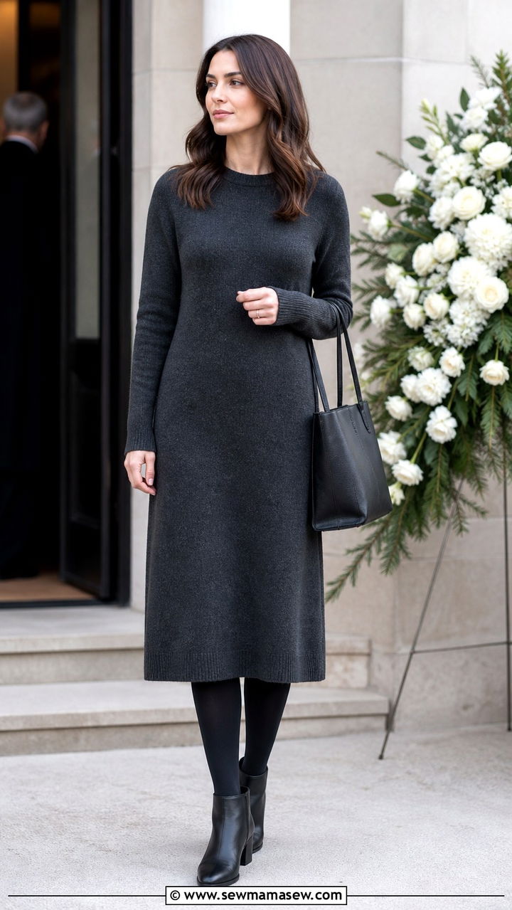 Charcoal grey sweater dress with ankle boots funeral - 40 Funeral outfit ideas