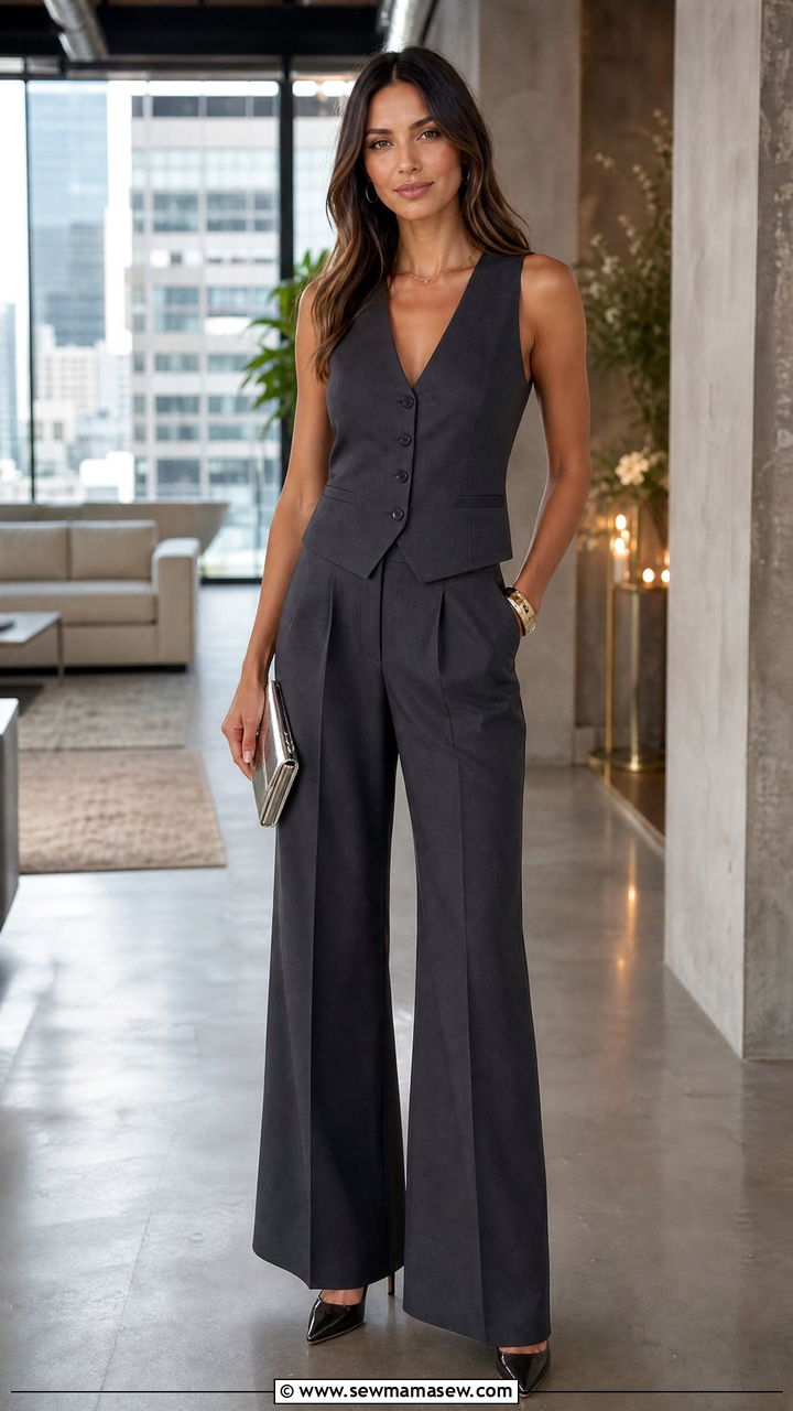 Charcoal grey tailored vest and wide leg trousers - 30 Cocktail wedding guest outfit ideas