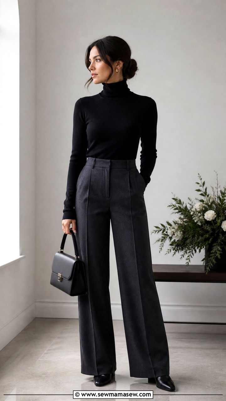 Charcoal grey trousers with black turtleneck funeral outfit - 40 Funeral outfit ideas