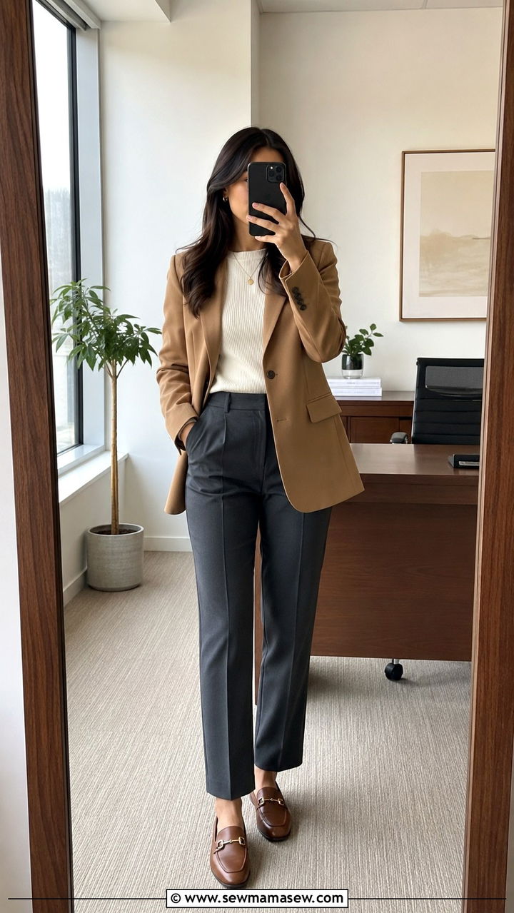 Charcoal grey trousers with camel blazer and loafers - 30 Legal intern outfit ideas