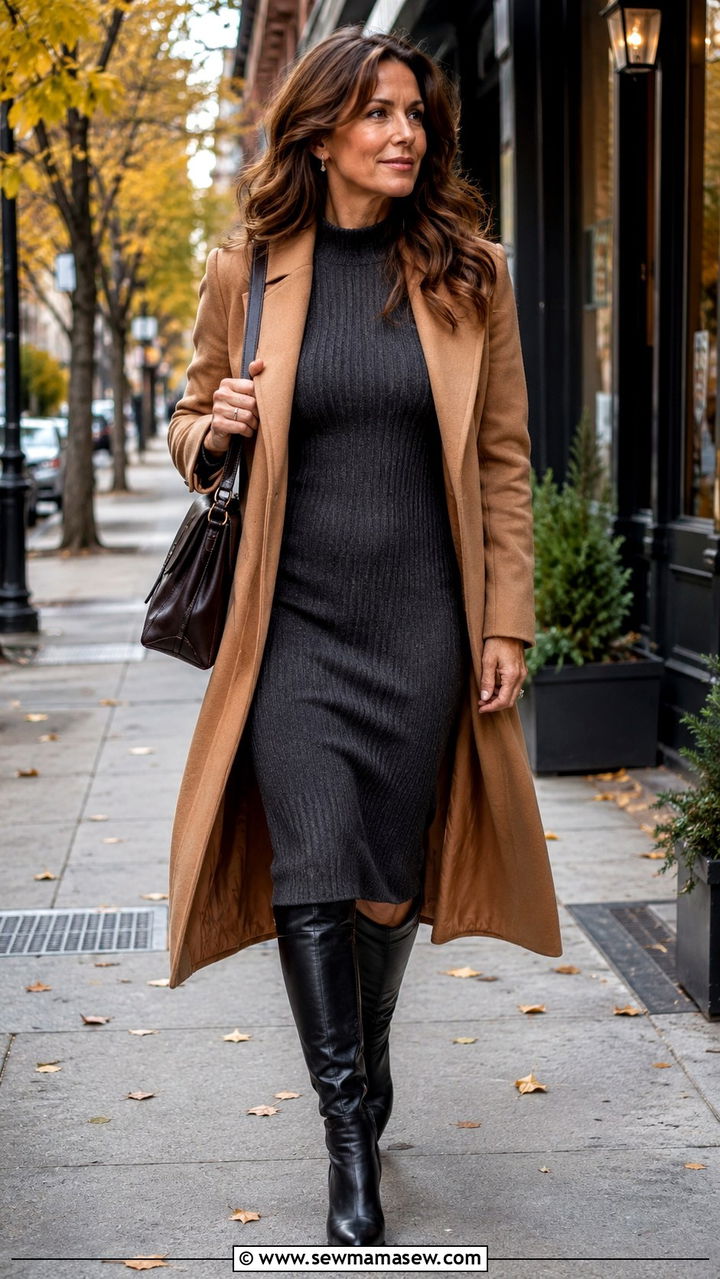 Charcoal knit dress with knee high boots and wrap coat - 25 model off duty outfit ideas for women over 40