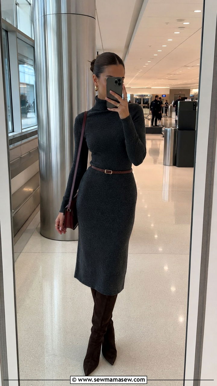 Charcoal knit dress with tall suede boots and a leather belt - 30 Quiet luxury outfit ideas for airport