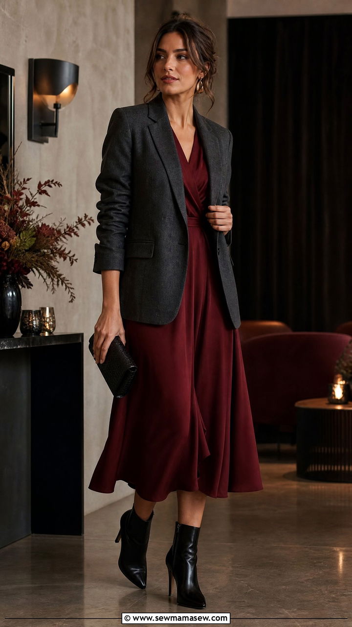 Charcoal linen blazer with burgundy midi dress - 30 Linen blazer outfit ideas with a dress