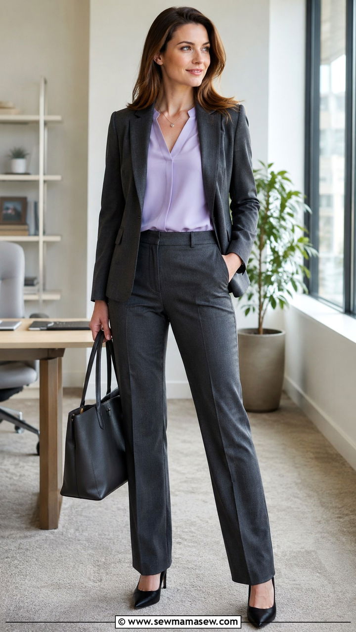 Charcoal pantsuit with pastel blouse outfit - 25 Paralegal outfit ideas for women