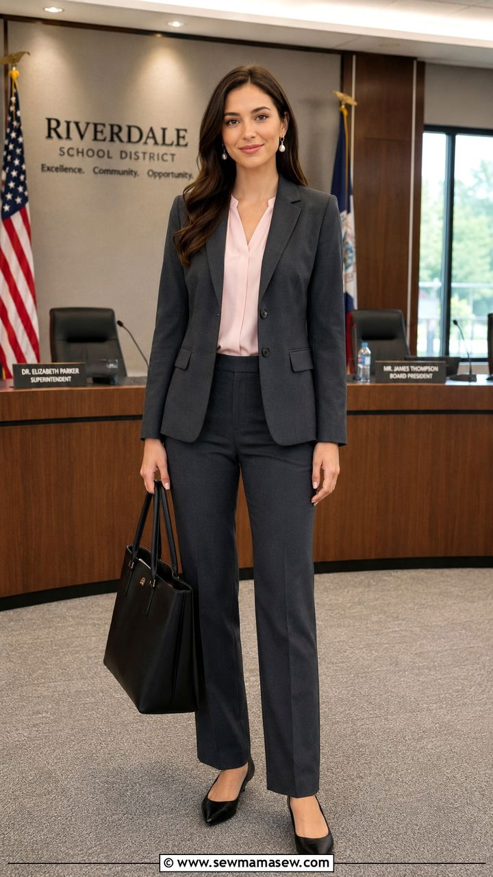 Charcoal suit with pale pink blouse outfit - 30 Interview outfit ideas for teachers