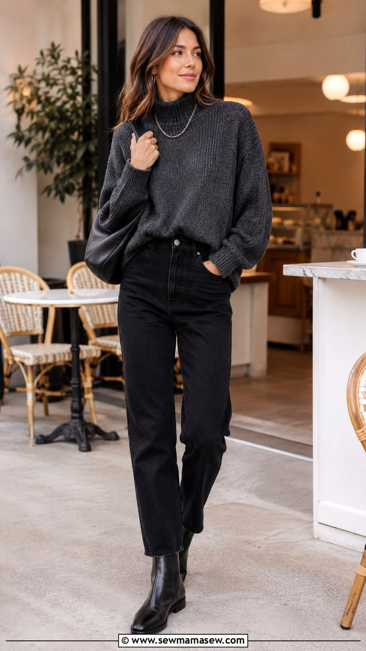 Charcoal sweater with black jeans - 30 classy outfits inspo