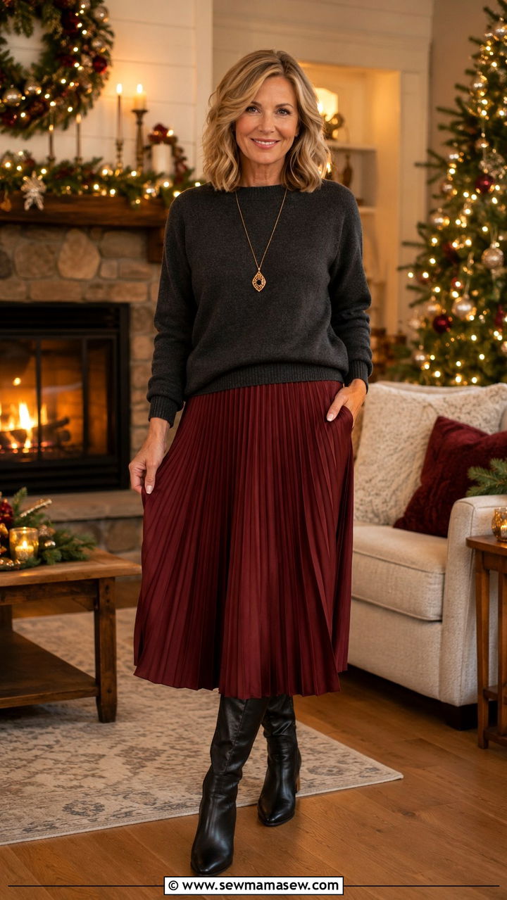Charcoal sweater with burgundy midi skirt over 50 - 30 Midsize outfits for women over 50