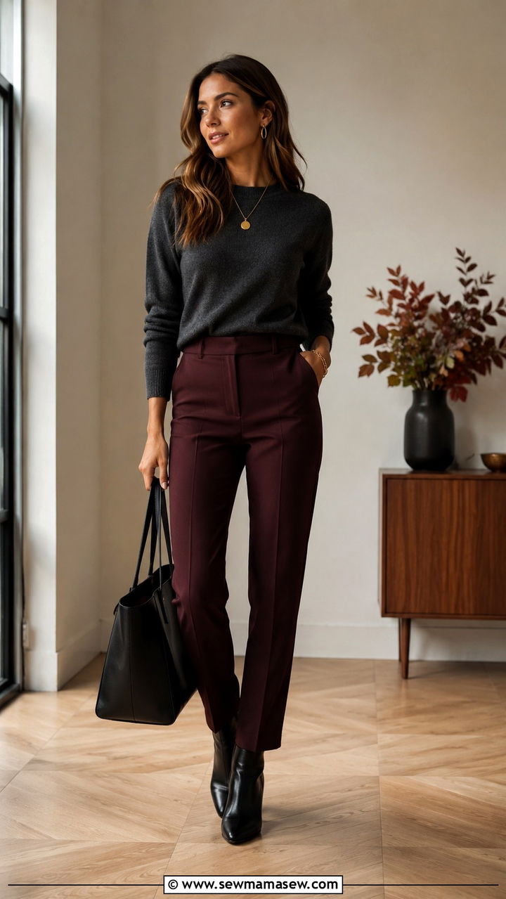Charcoal sweater with burgundy trousers - 30 business casual outfits inspo