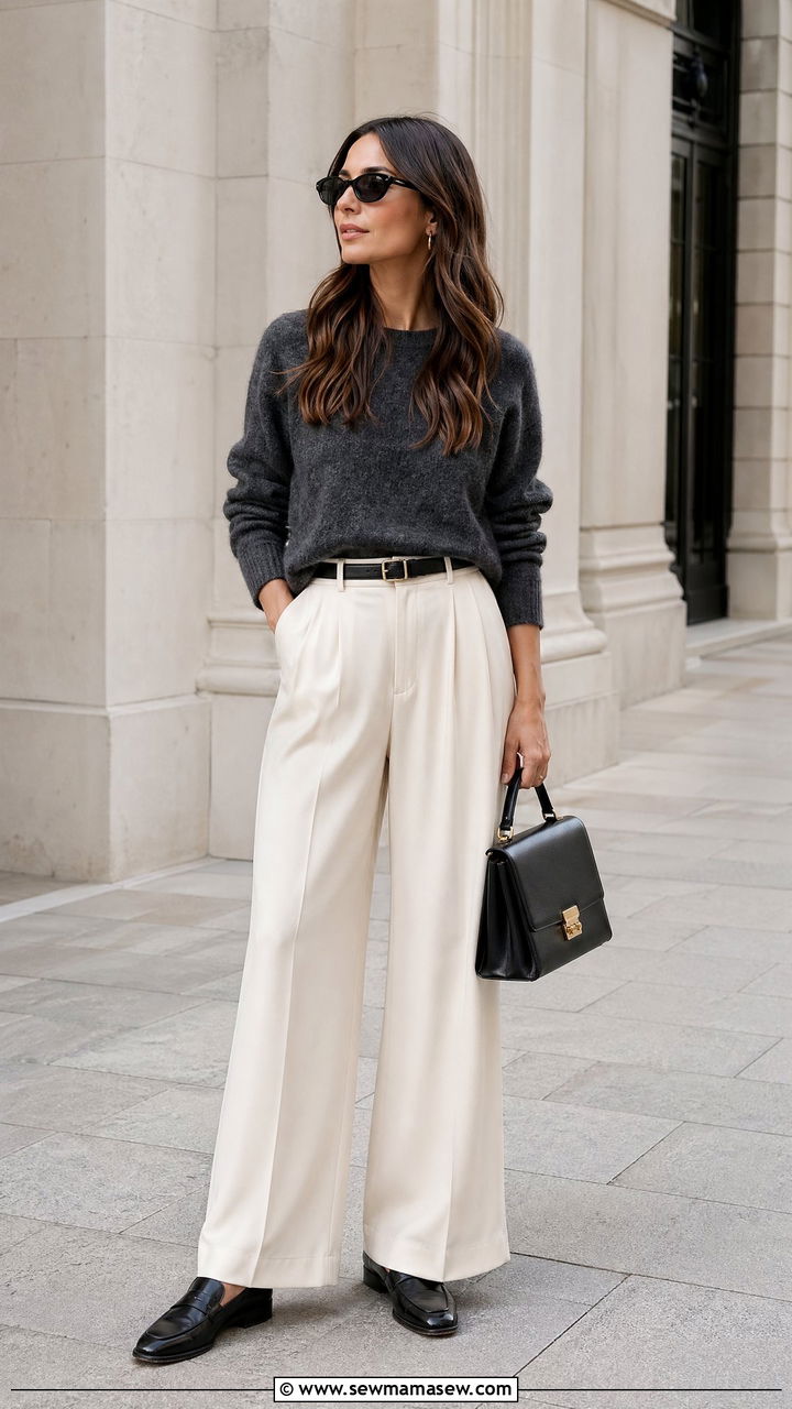 Charcoal sweater with wide leg cream trousers - 35 elegant outfits for women