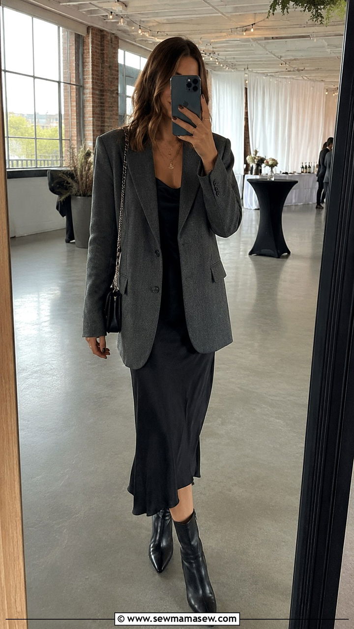 Charcoal tailored blazer with slip dress and ankle boots - 20 Tailored blazer outfit ideas for a wedding