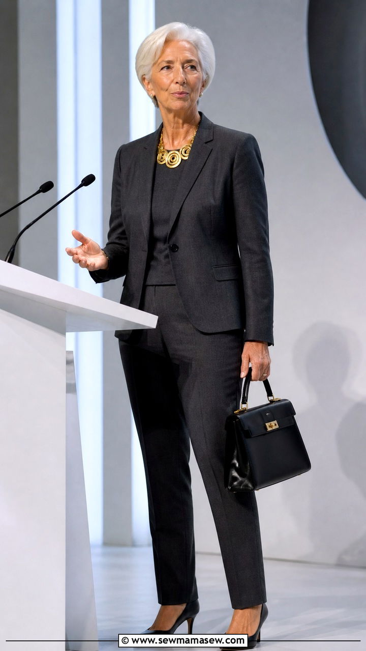 Charcoal trouser suit with statement necklace - 20 Christine Lagarde style outfit ideas