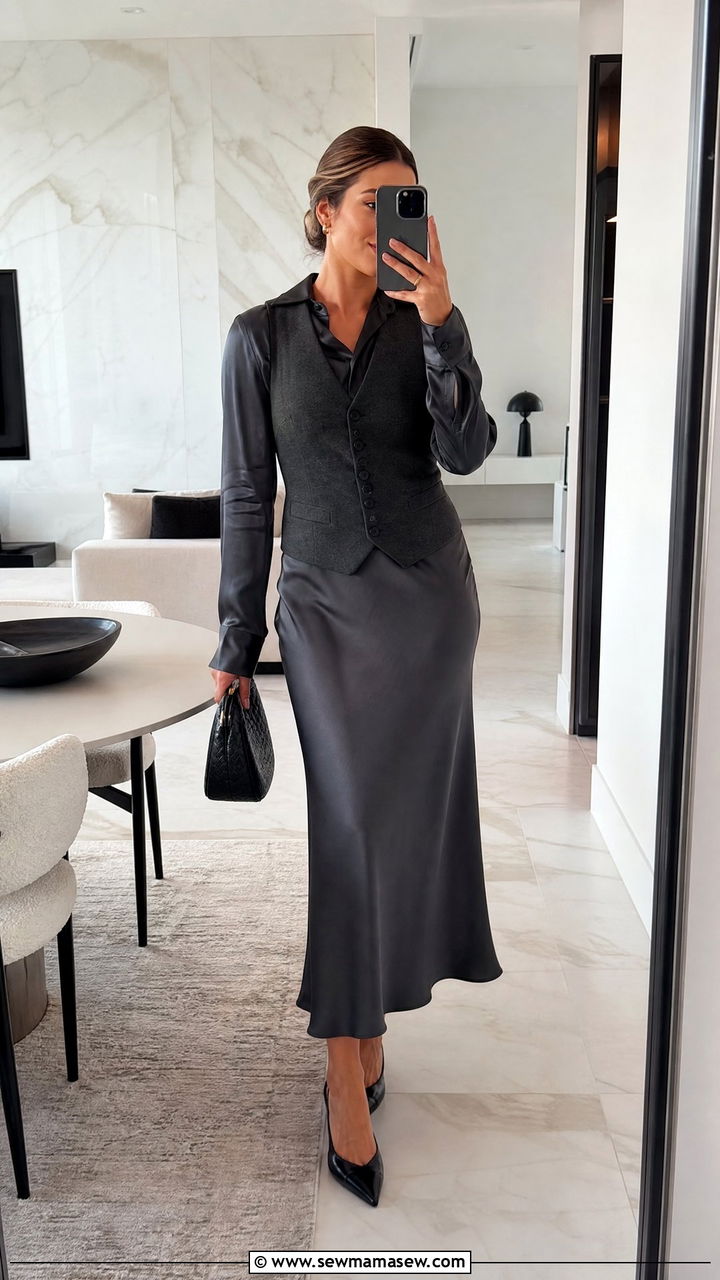Charcoal vest with silk blouse and midi slip skirt - 25 Business casual outfits with vest