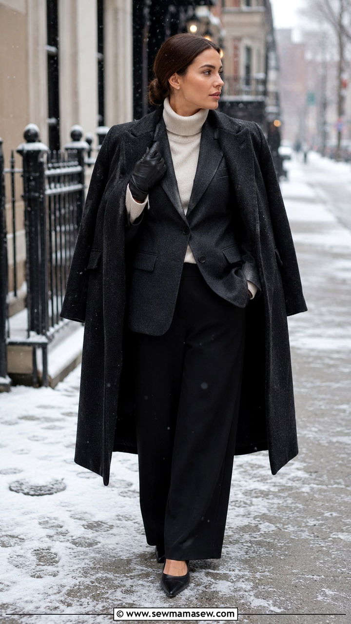 Charcoal wool blazer with a cashmere funnel neck and velvet flat shoes - 25 Wide leg black pants outfit ideas with a blazer