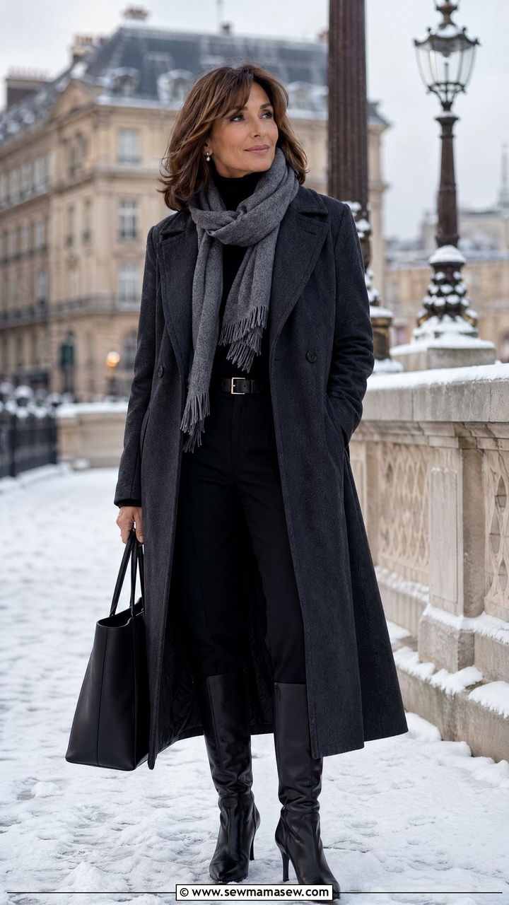Charcoal wool coat with black turtleneck and leather knee high boots - 35 French girl outfit ideas for women over 50