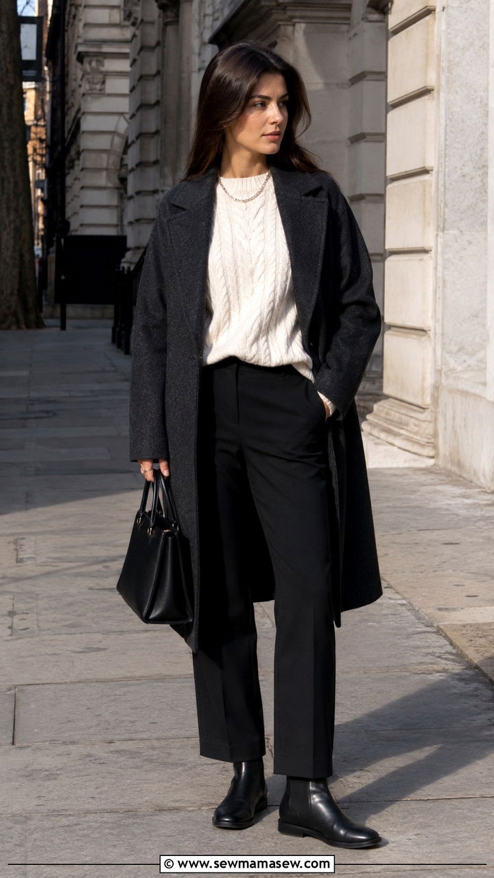 Charcoal wool coat with ivory cable knit sweater and black trousers - 20 Quiet luxury Loro Piana dupes outfit ideas
