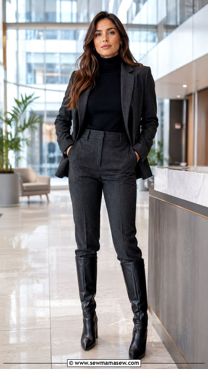 Charcoal wool suit with turtleneck winter interview - 25 seasonal job interview outfit ideas