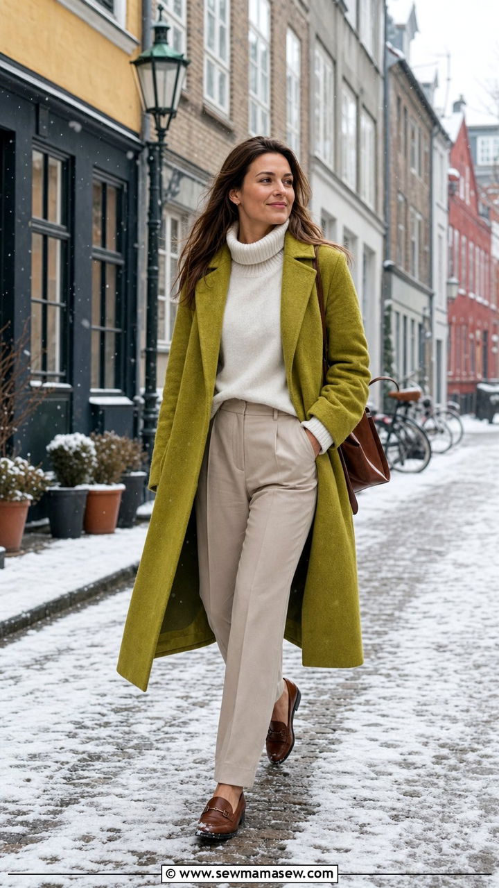 Chartreuse Wool Coat With Neutral Neutrals - 25 cute Copenhagen outfits