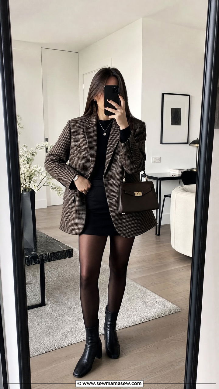 Check Blazer With Black Mini Dress Outfit - 30 Dark academia spring outfits