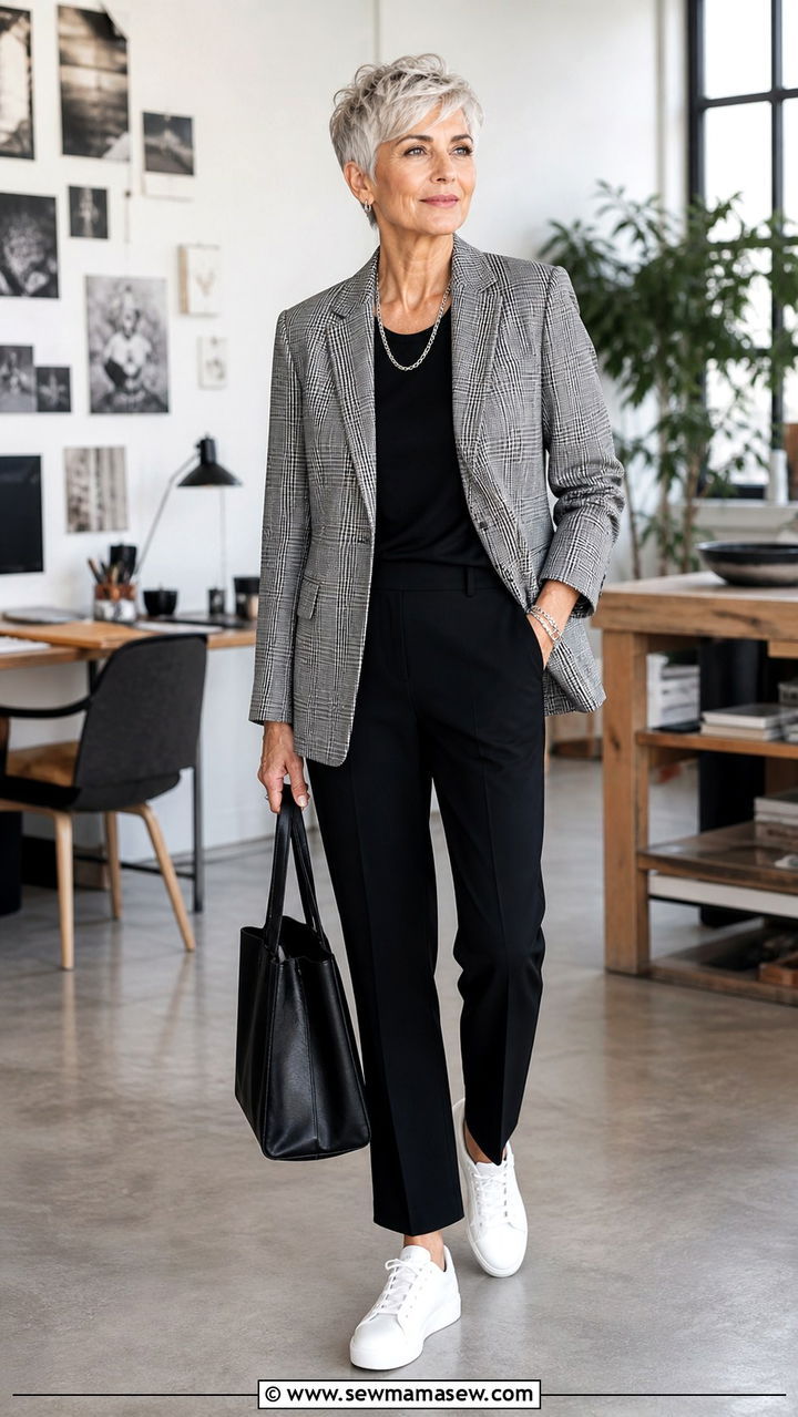 Check Blazer with Black Trousers and Sneakers - 40 Spring outfit ideas for women over 60 2026