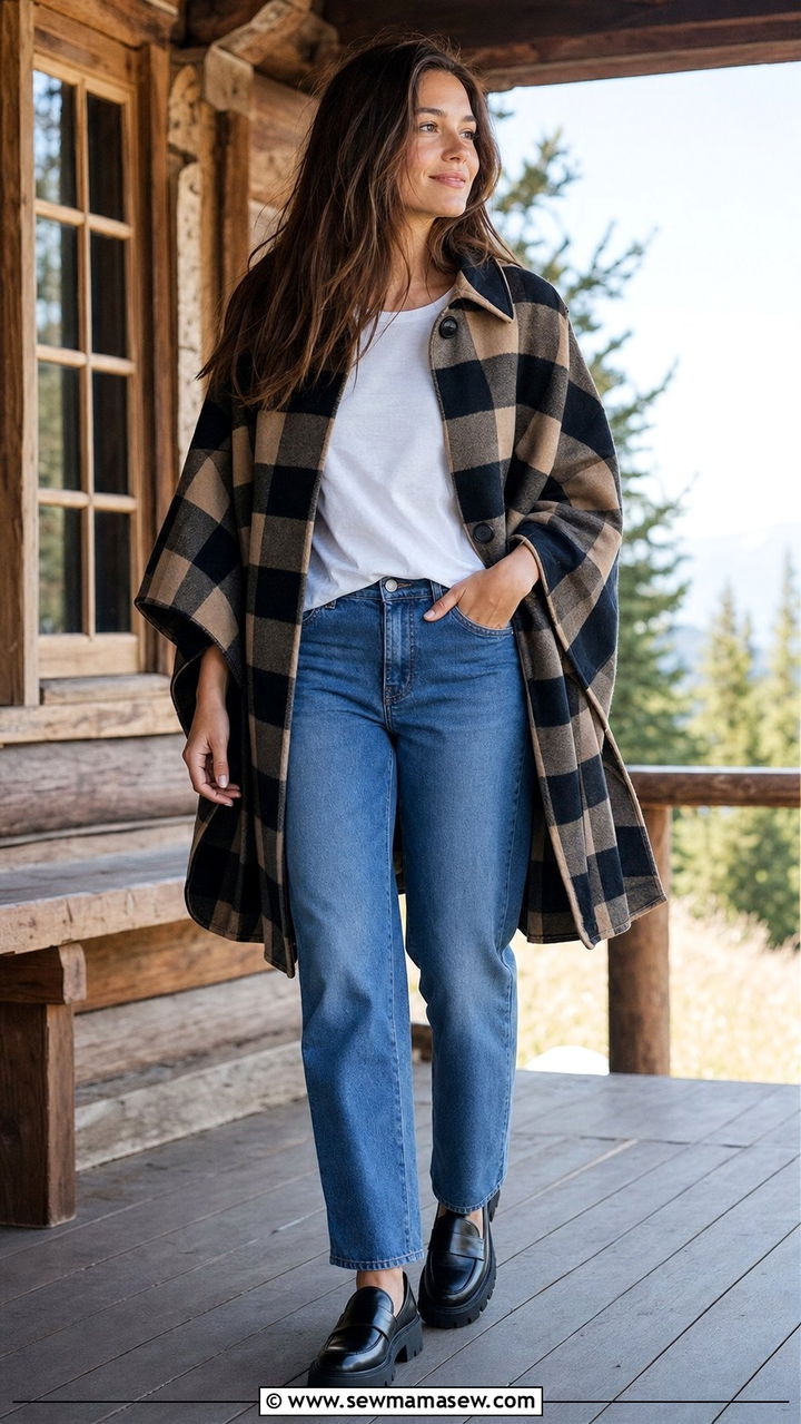Check Cape Coat with Jeans and Chunky Loafers - 35 Cape coat outfit ideas
