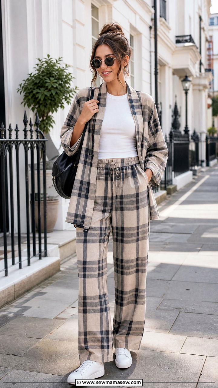 Check Print Kimono and Trousers Set - 25 Kimono matching set outfit ideas