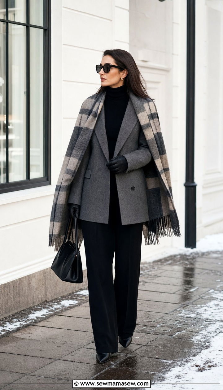 Check Print Scarf Worn as a Cape Over a Grey Wool Coat - 25 Copenhagen outfits 2026