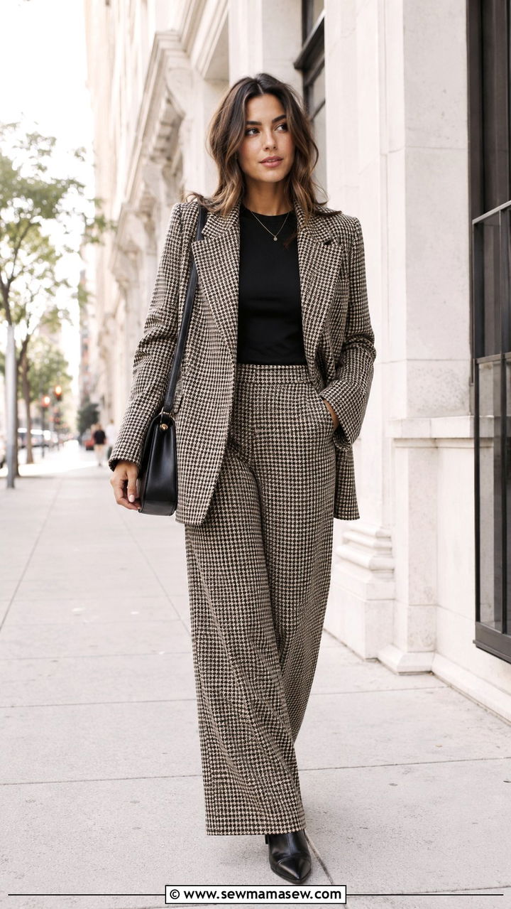 Check wide leg trousers with a matching check blazer - 25 Wide leg trousers outfit ideas with a blazer