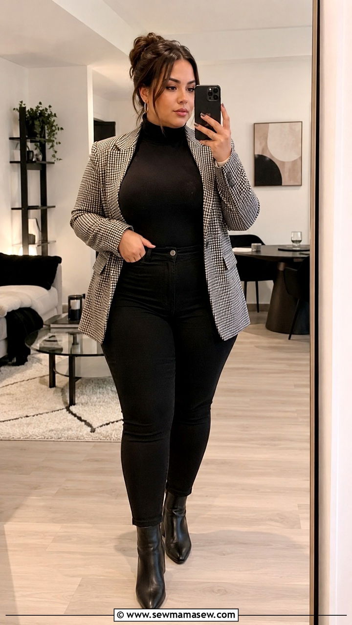 Checked Blazer With Black Skinny Jeans And Ankle Boots - 30 Plus size outfit ideas with blazer