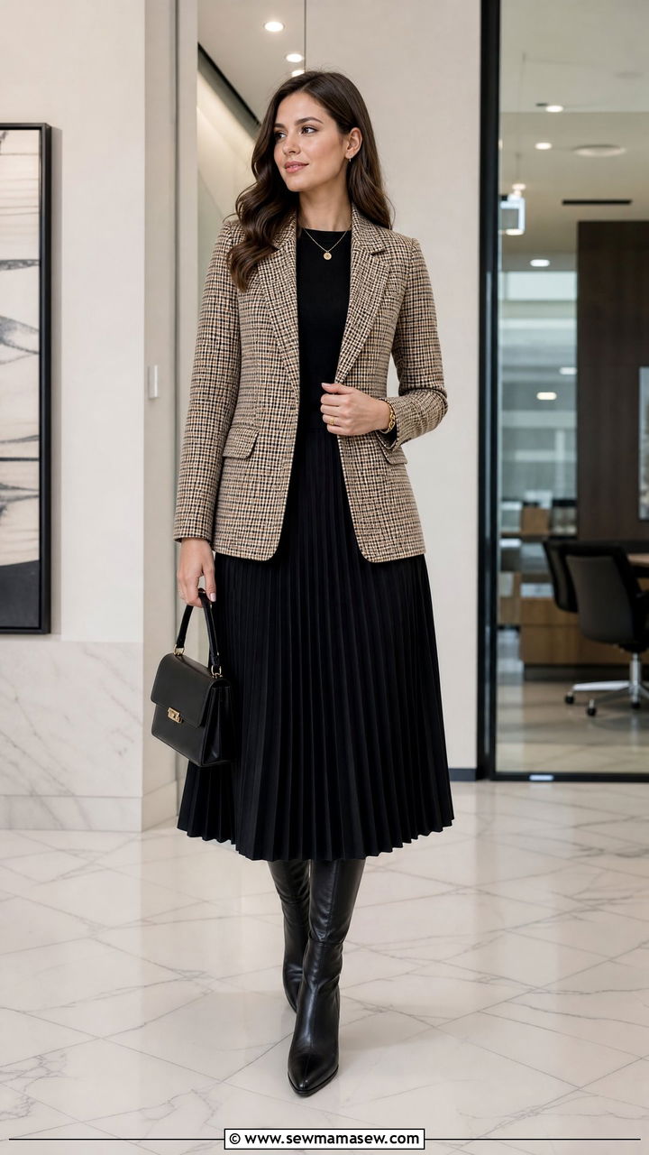 Checked Blazer with Pleated Skirt Outfit - 25 Business casual outfits with blazer